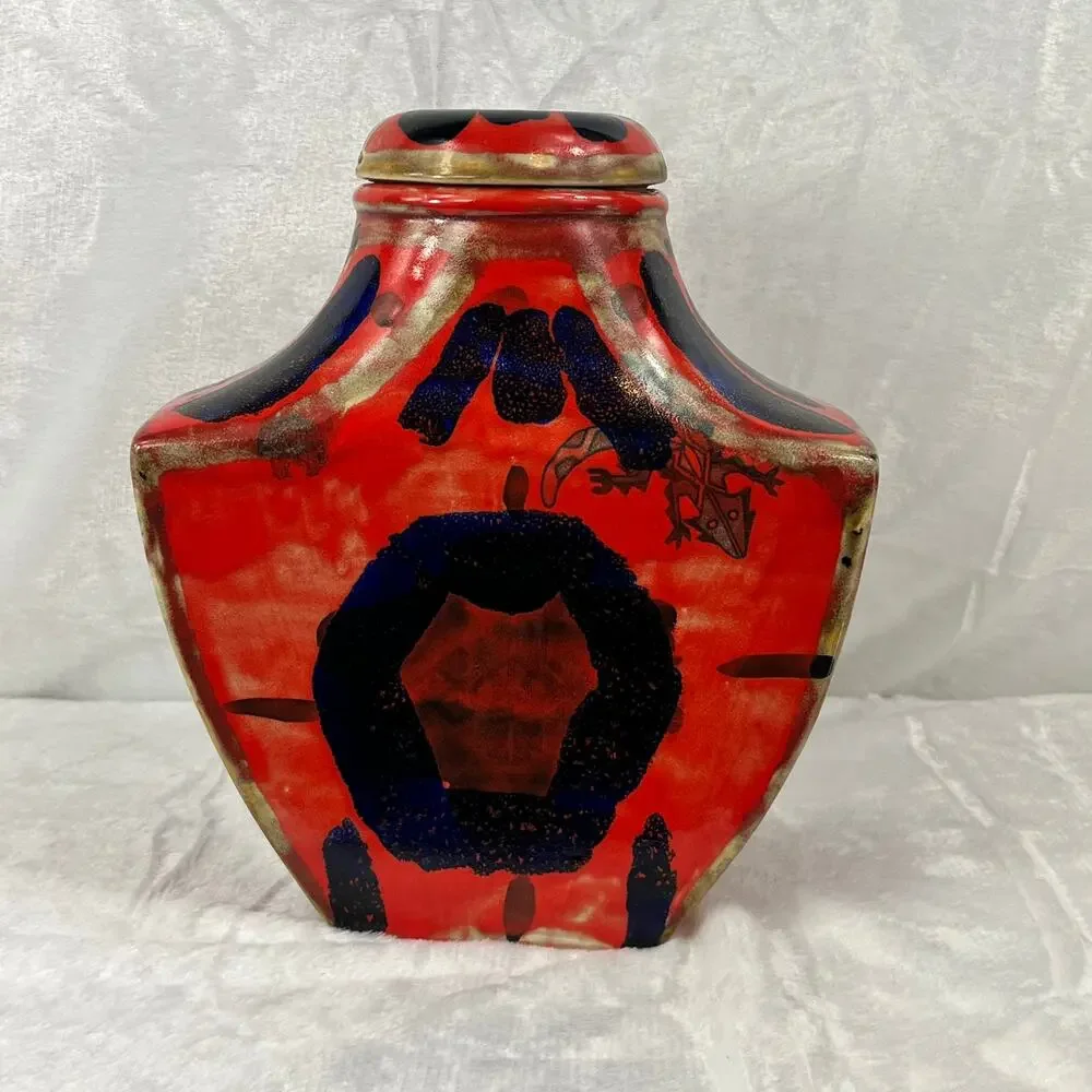 Handcrafted Red Blue Abstract Glazed Ceramic Vase 11.25